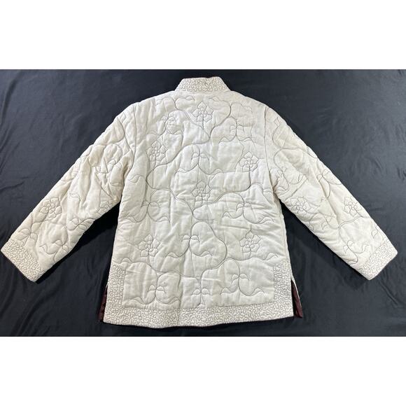 Peony Brand 100% Noil Silk Quilted Jacket XL Beige Floral Embroidered China - Picture 9 of 9